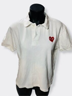 Comme des Garçons Play White Polo with Red Heart Patch -Unisex